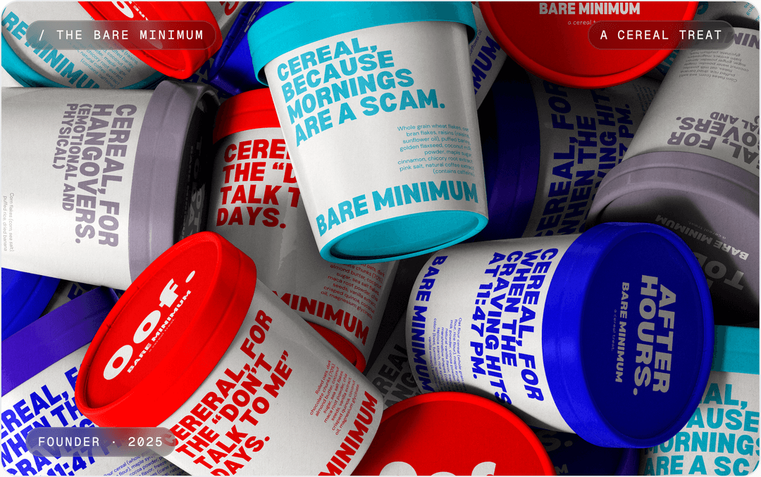 The Bare Minimum cereal cup flat-lay in cobalt, cyan, lavender, and red